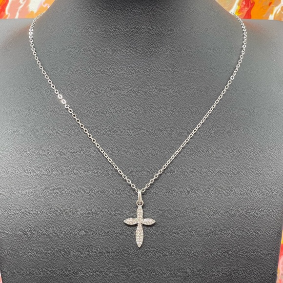 Silver Rhinestone Dainty Cross Pendant Necklace - Picture 1 of 3